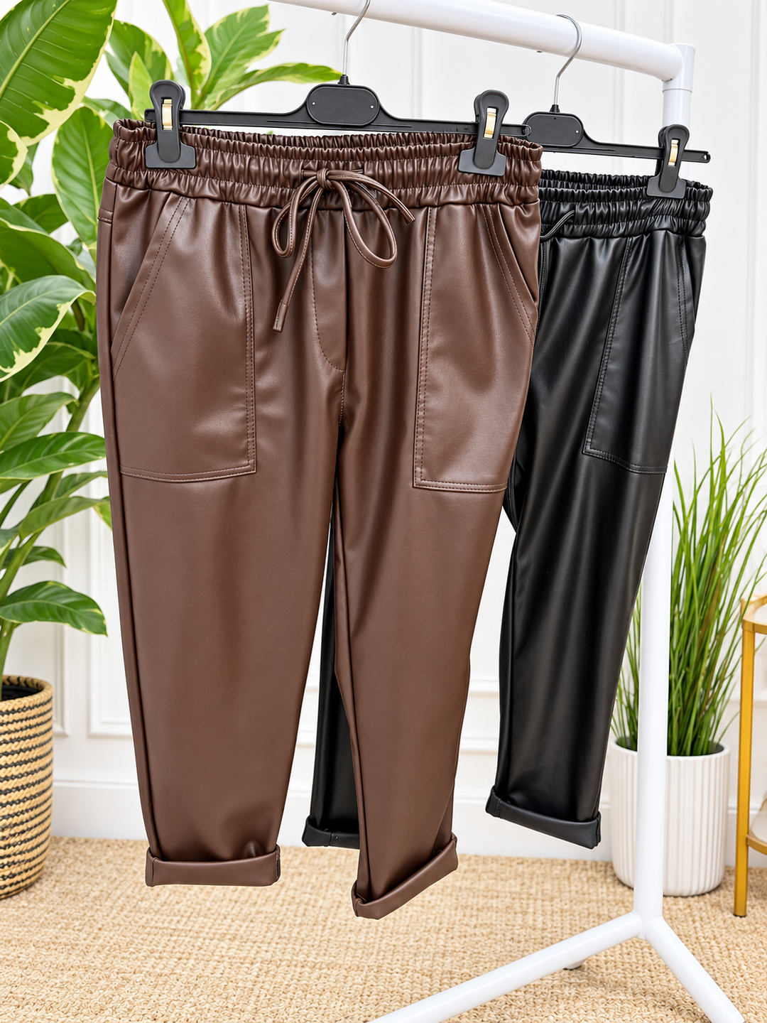 Womens fashion faux leather joggy style trousers - black & brown