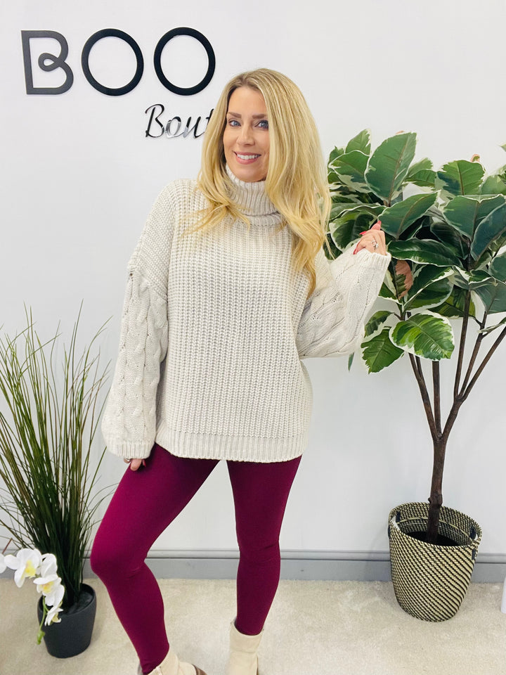 LADIES FISHERMANS CHUNKY KNIT ROLL NECK JUMPER - CREAM, MOCHA, BLACK