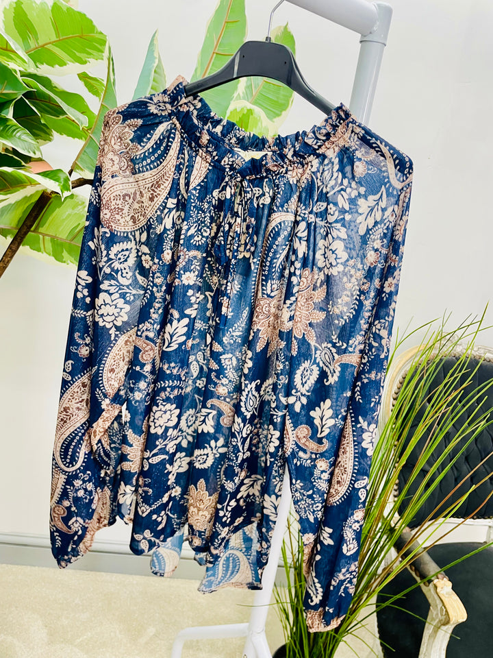 Ladies navy chiffon paisley print top 