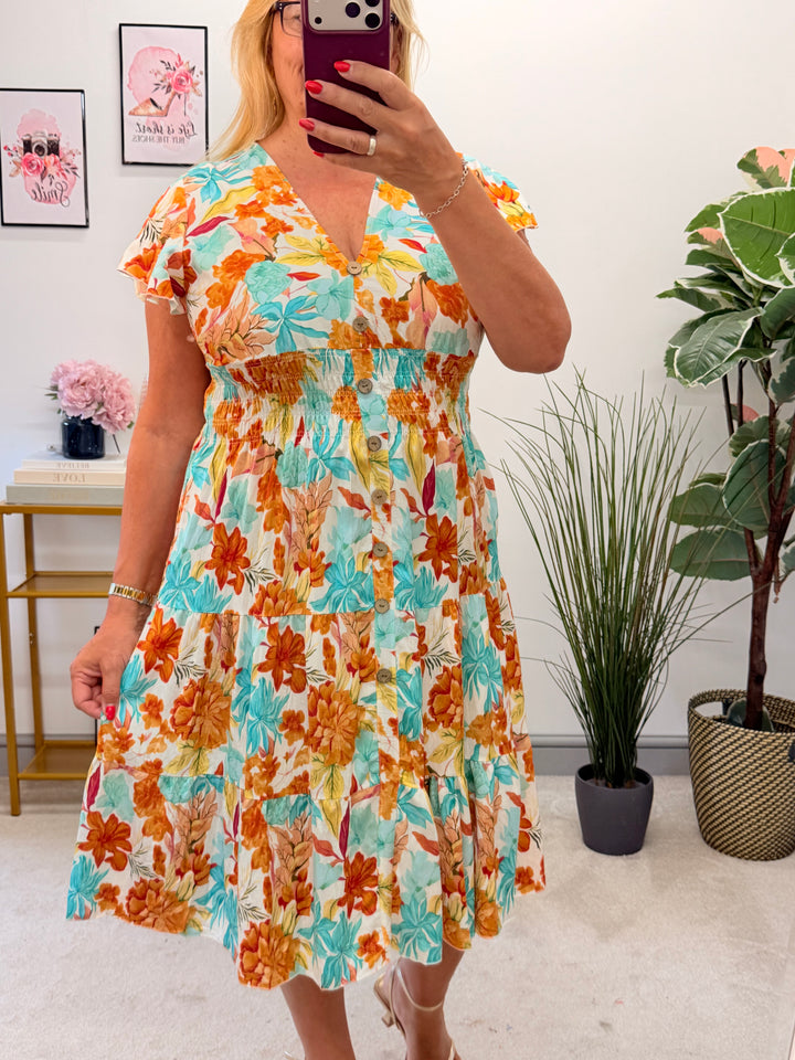 Ladies Floral Print Summer Magic Dress - Blue, Turquoise, Yellow & Green