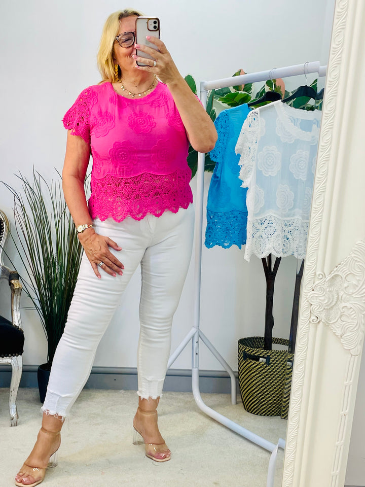LADIES LACE CROCHET SUMMER TOP - WHITE, TURQUOISE, PINK