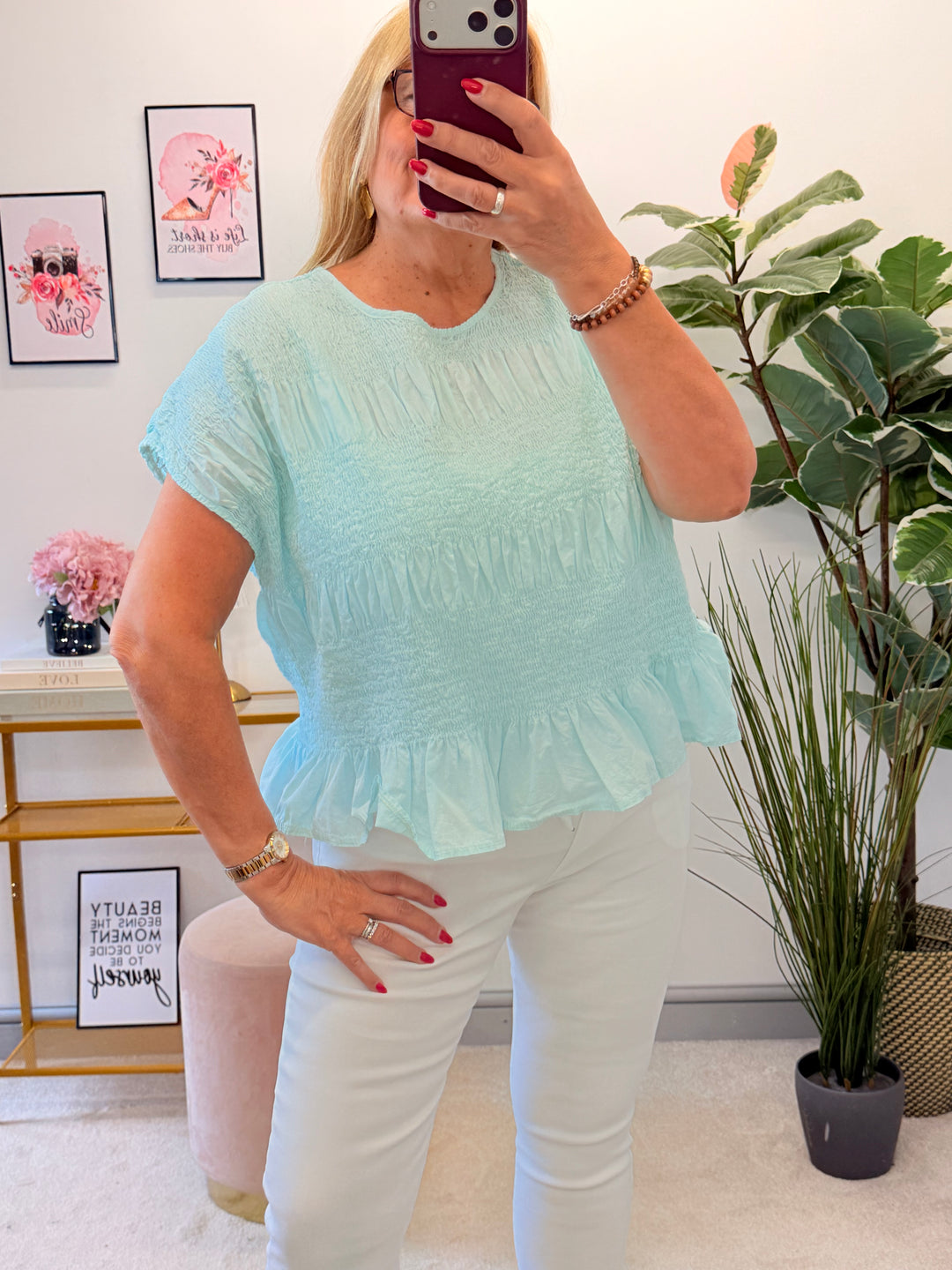 Ladies Cotton Elasticated Summer Top - White, Blue, Mint, Pink & Brown