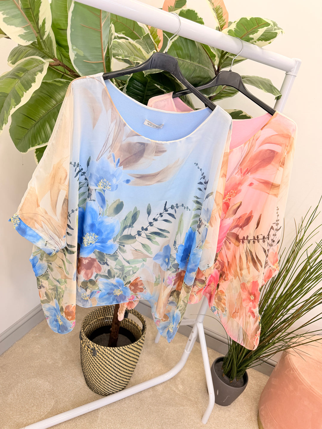 Ladies Flower Print Silky Floaty Summer Top - Pink & Blue