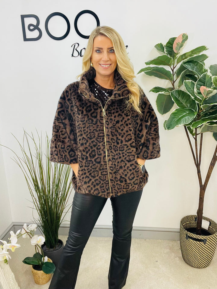 LADIES LUXURY FAUX FUR CAPE JACKET - BROWN, MINK, CREAM LEOPARD