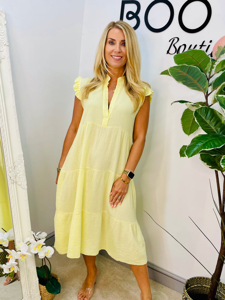 LADIES CHEESECLOTH SMOCK SUMMER MIDI DRESS - LEMON, WHITE, PINK, NAVY, BLUE, KHAKI, BEIGE