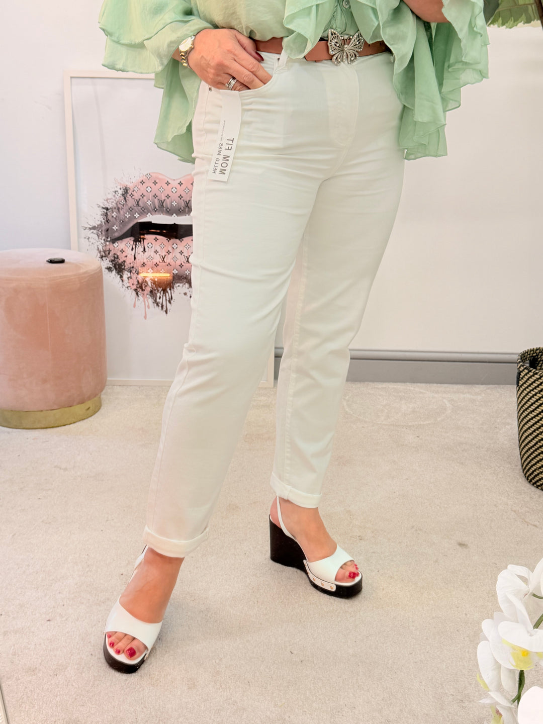 Ladies Fashion White Mom Fit  Stretch Jeans