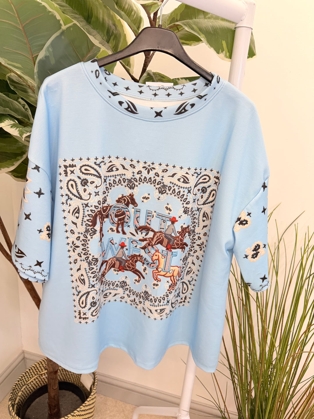 Ladies Fashion Cowboy Short Sleeve Top - Pink, White, Blue