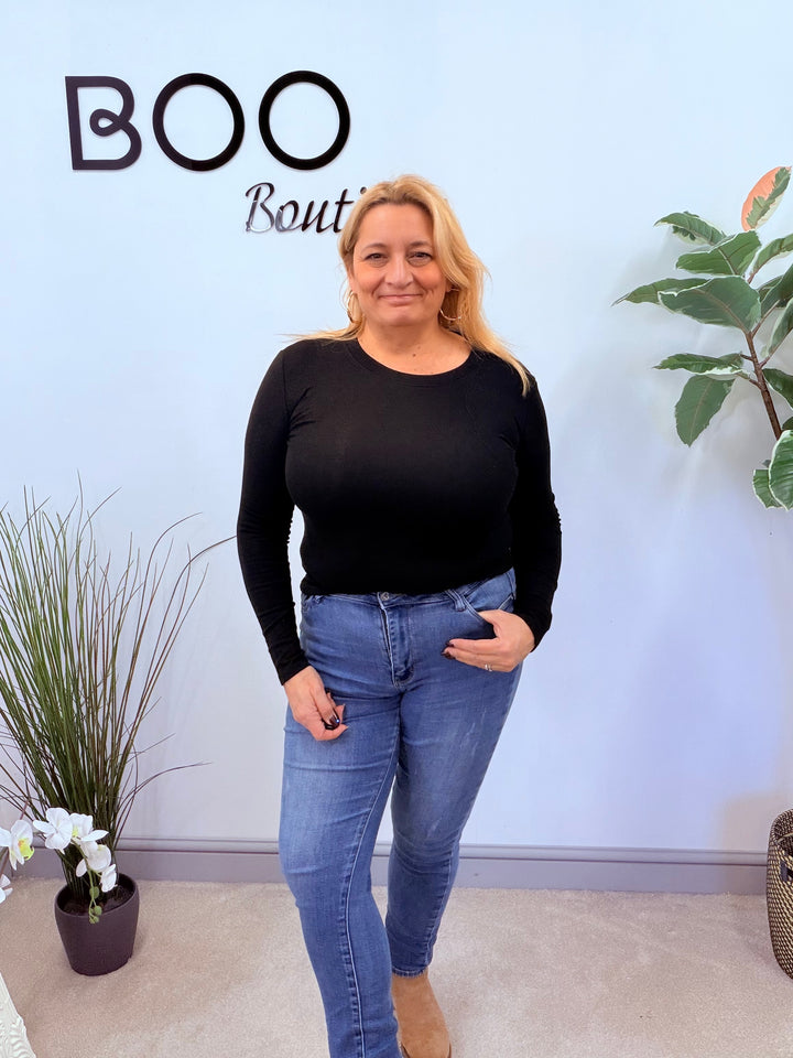 LADIES FLEECE LINED LONG SLEEVE BASIC TOP - BLACK & BEIGE