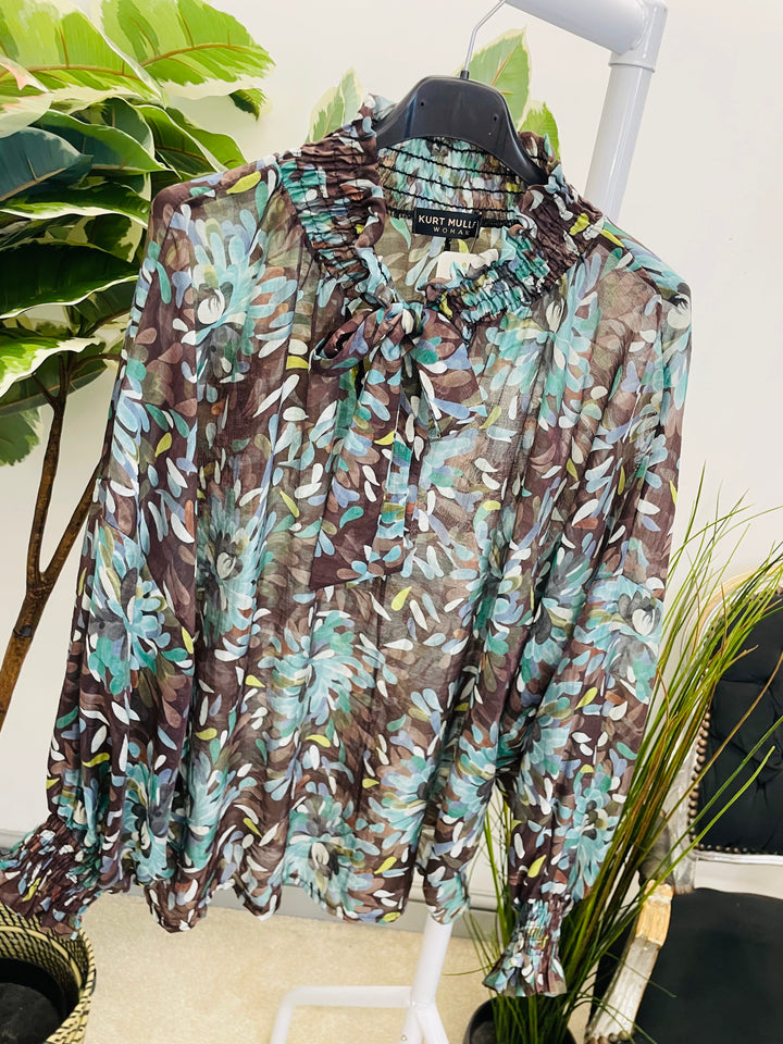 LADIES LEAF PRINT HIGH NECK BLOUSE - BEIGE, BROWN, TEAL