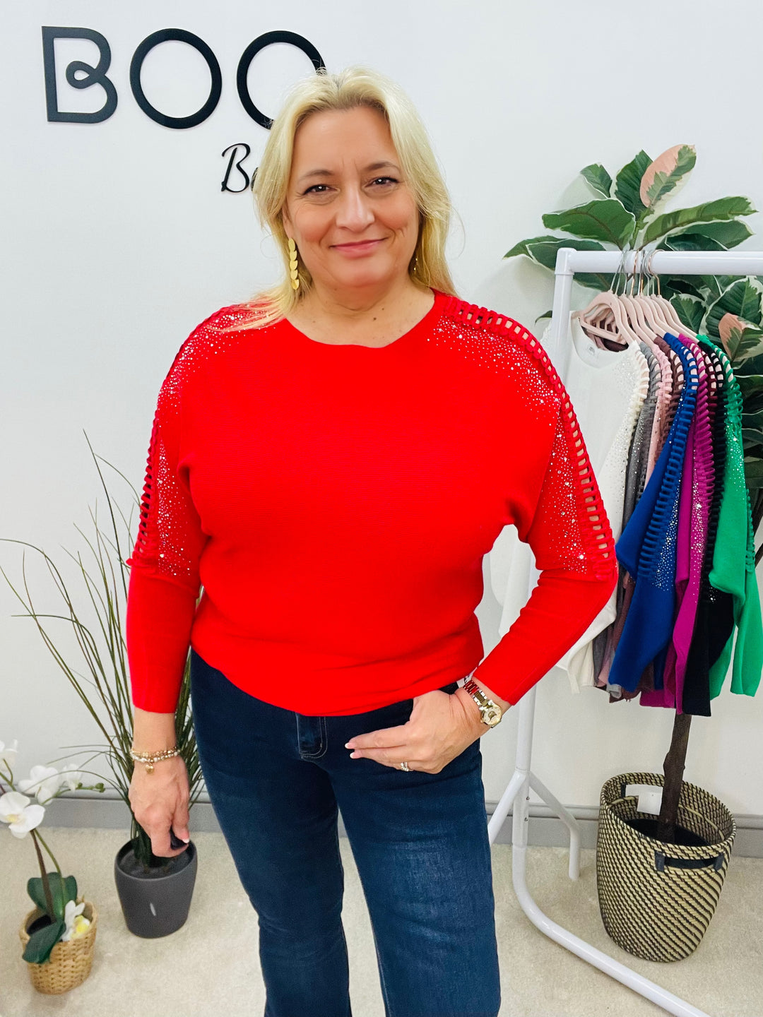 LADIES DIAMANTE BATWING JUMPER RED