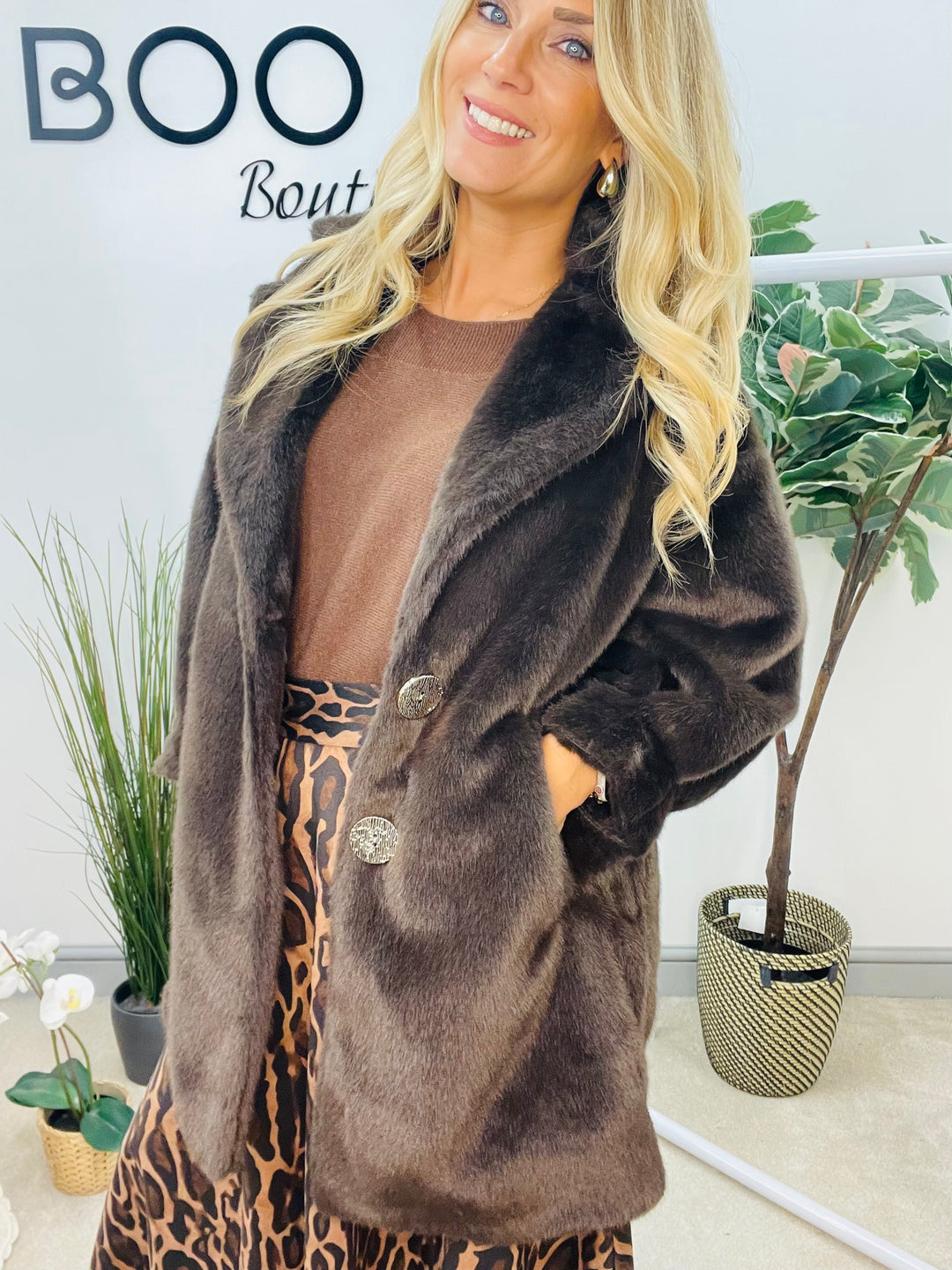 LADIES LUXURY FAUX FUR COAT JACKET - BLACK, BEIGE & BROWN