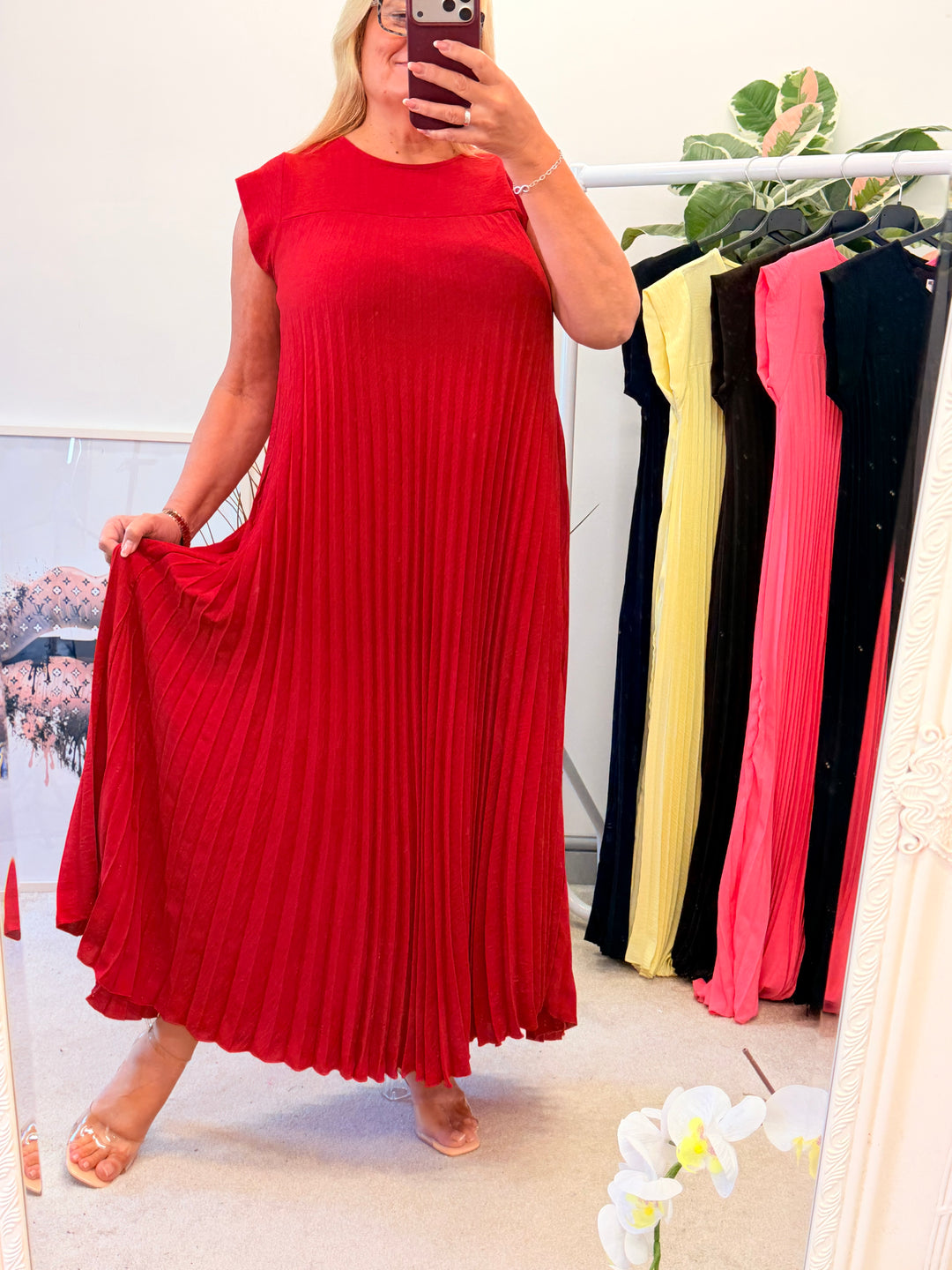 Ladies Fashion Pleated Maxi Dress - Black, Navy, Red, Lemon, Pink, Raspberry