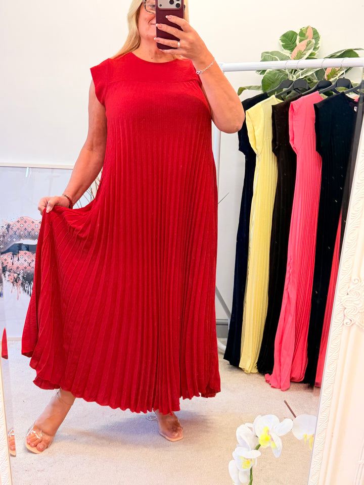 Ladies Fashion Pleated Maxi Dress - Black, Navy, Red, Lemon, Pink, Raspberry