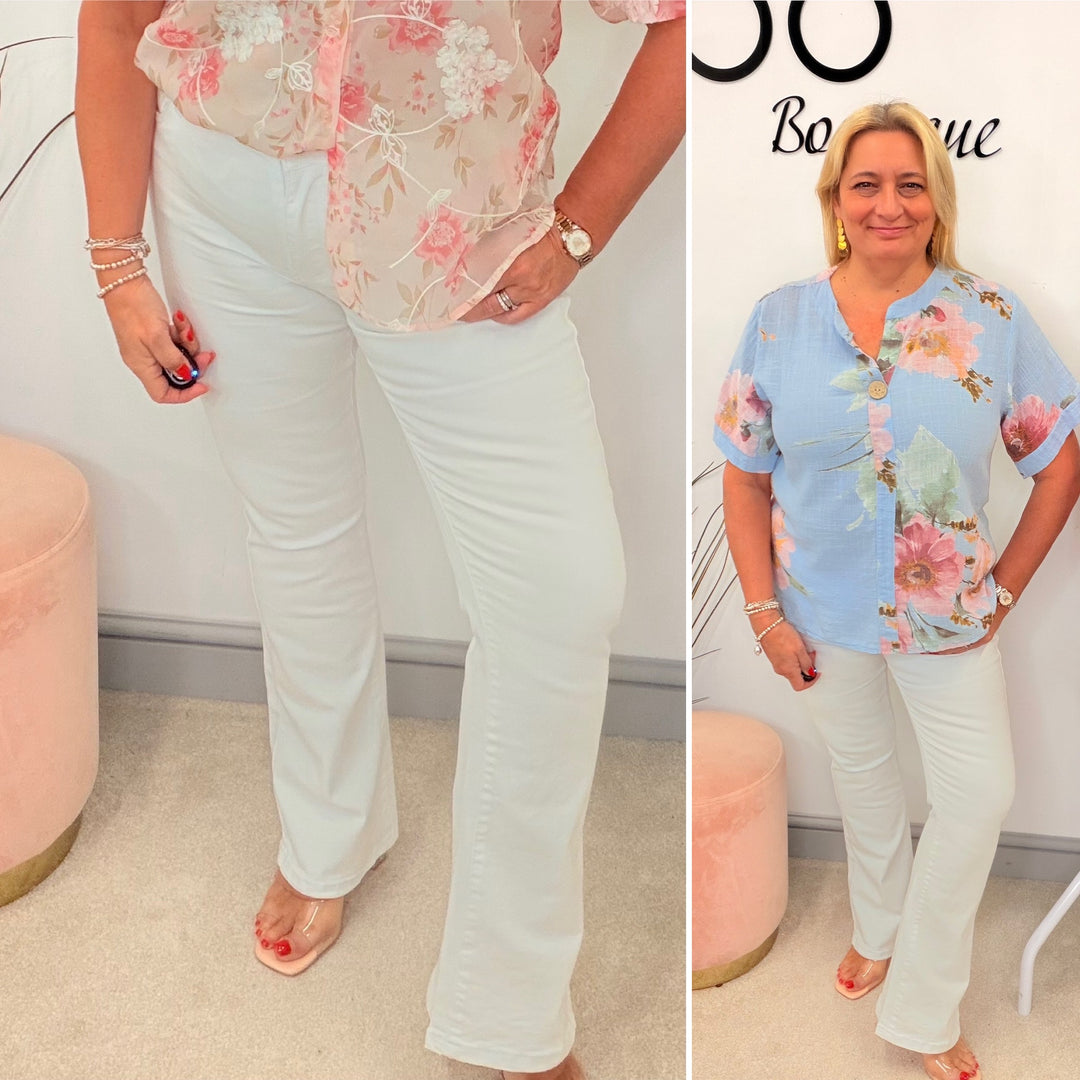 Ladies Fashion White Denim Kick Flare Jeans