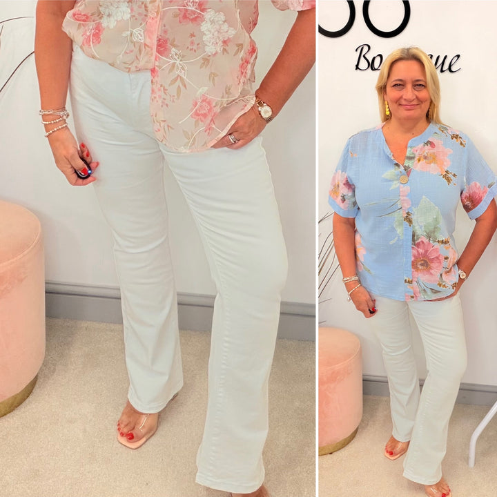 Ladies Fashion White Denim Kick Flare Jeans