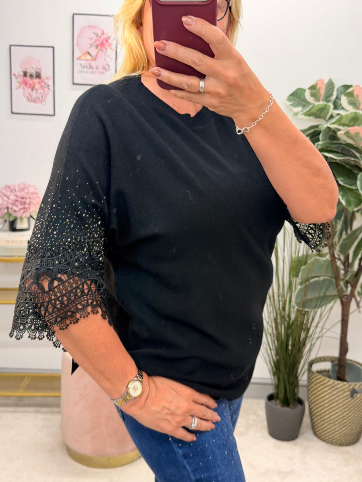 Ladies Diamante & Lace Short Sleeve Jumper - Black, Cream & Red