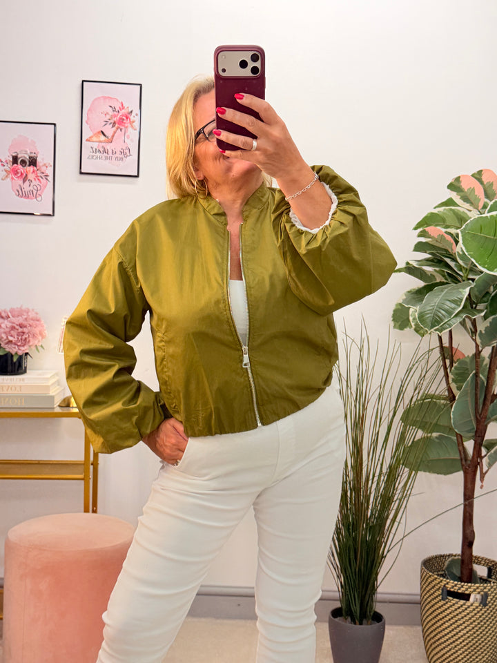 Ladies Fashion Cropped Bomber Jacket - Black, Pistachio, Brown & Taupe