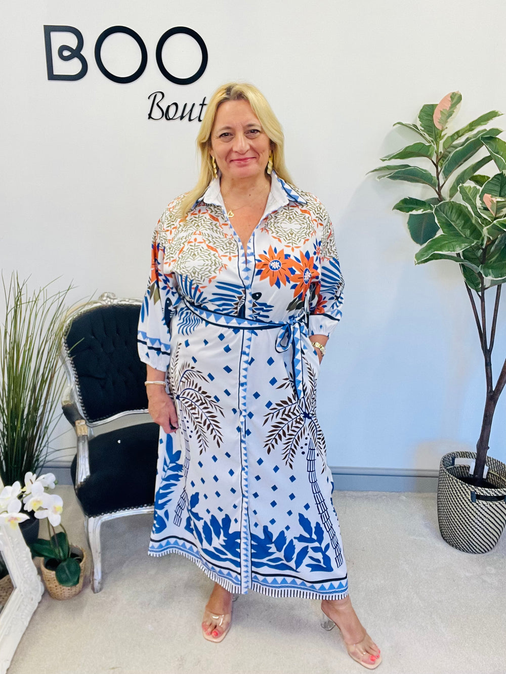 LADIES WOMENS WHITE & BLUE SHIRT MAXI DRESS