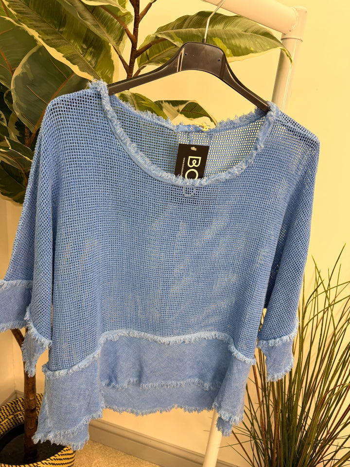 Ladies Tea Bag Linen Top royal blue