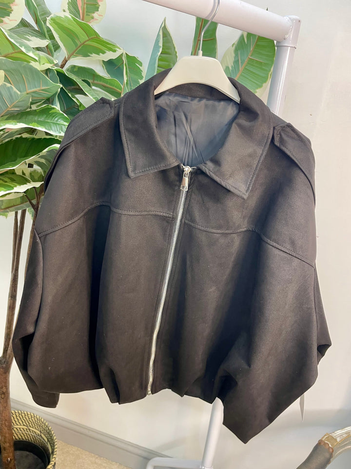 LADIES FASHION FAUX SUEDE BOMBER JACKET - BLACK, BEIGE, BROWN & BURGUNDY WINE