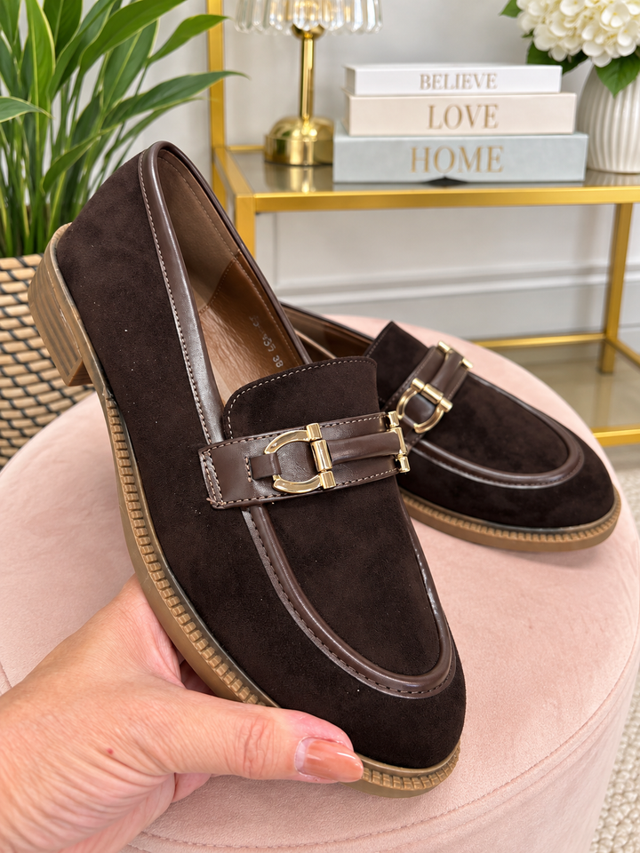 Ladies Fashion Chocolate Brown Faux Suede Flat Loafer Shoes 