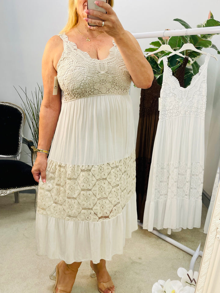 LADIES CROCHET BOHO FEMININE PRETTY SUMMER DRESS - BEIGE, WHITE & BROWN