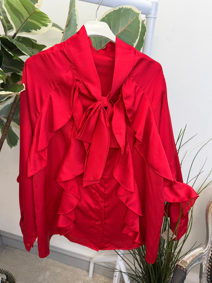 LADIES SATIN FLAMENCO FRILL BLOUSE SHIRT - RED, BLACK, WHITE