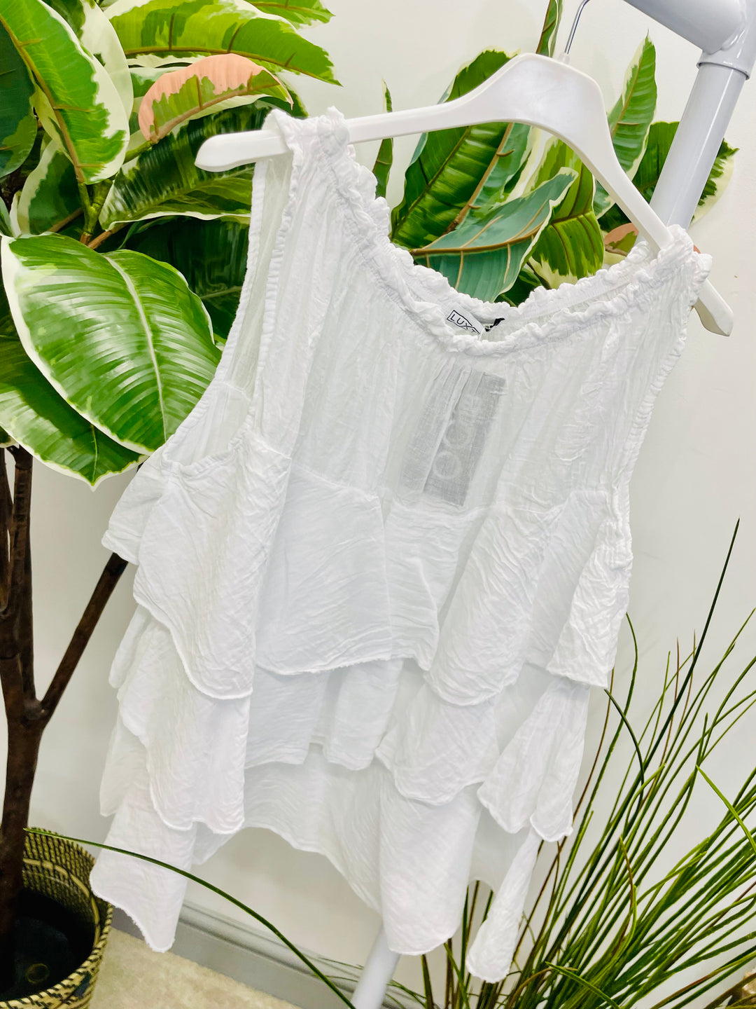 LADIES COTTON FRILL SUMMER TOP BLOUSE - WHITE, KHAKI, PINK & BEIGE