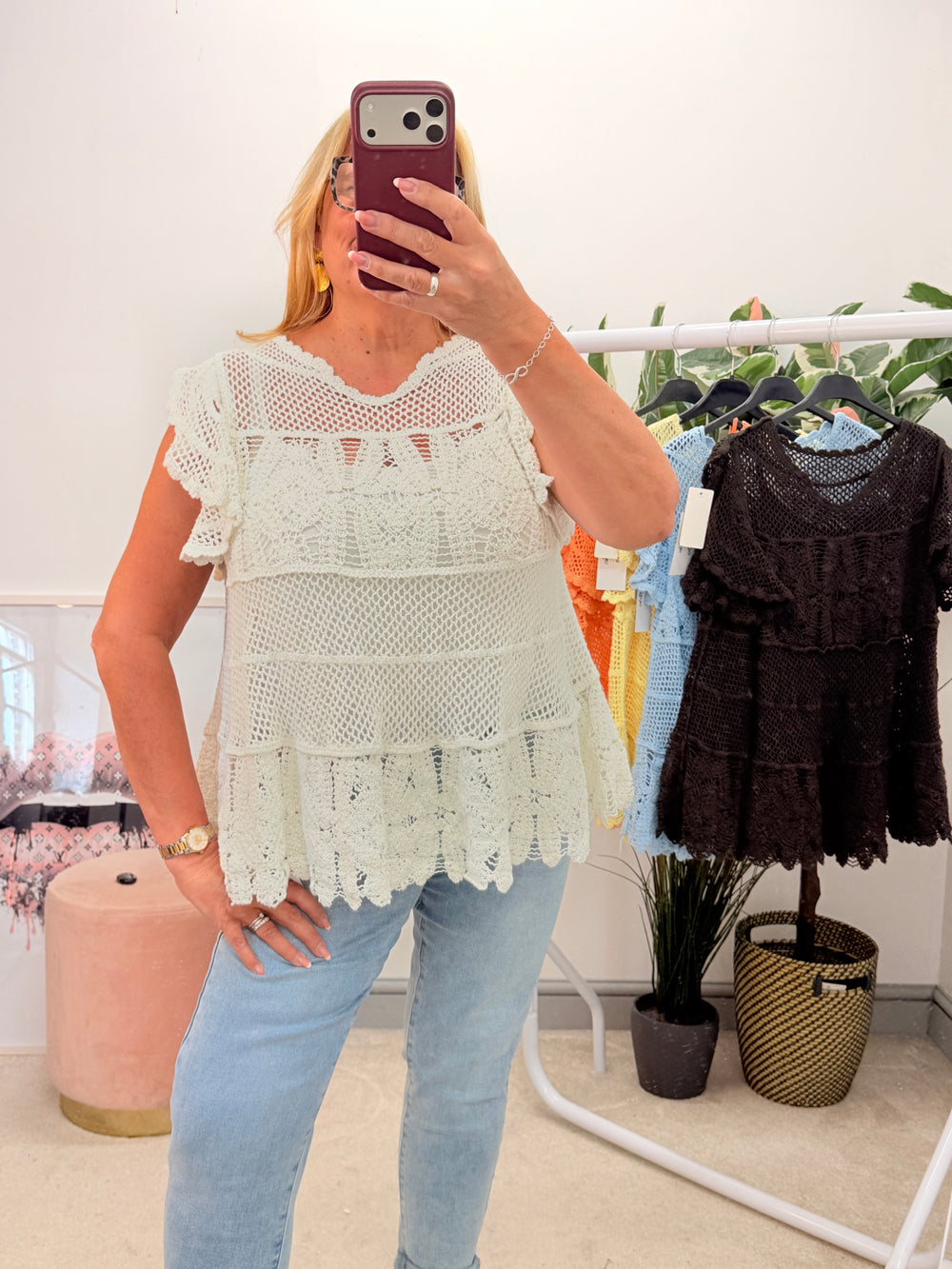 Ladies Pretty Crochet Top - lemon, white, blue, brown & coral 