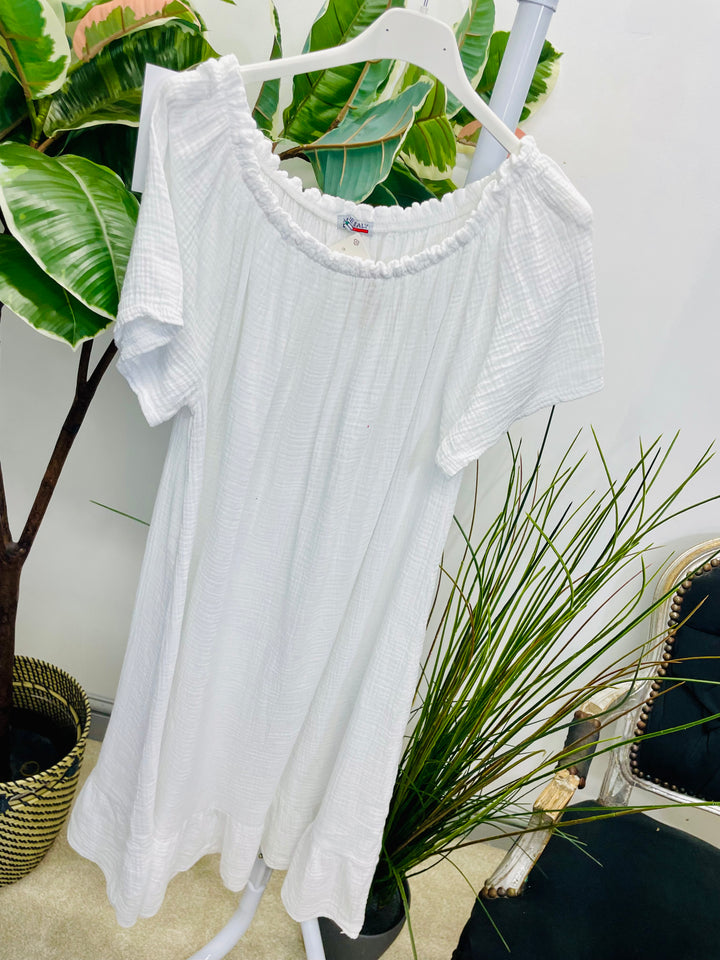LADIES CHEESECLOTH SUMMER BARDOT MIDI DRESS - NAVY, WHITE, KHAKI, PINK, BLUE