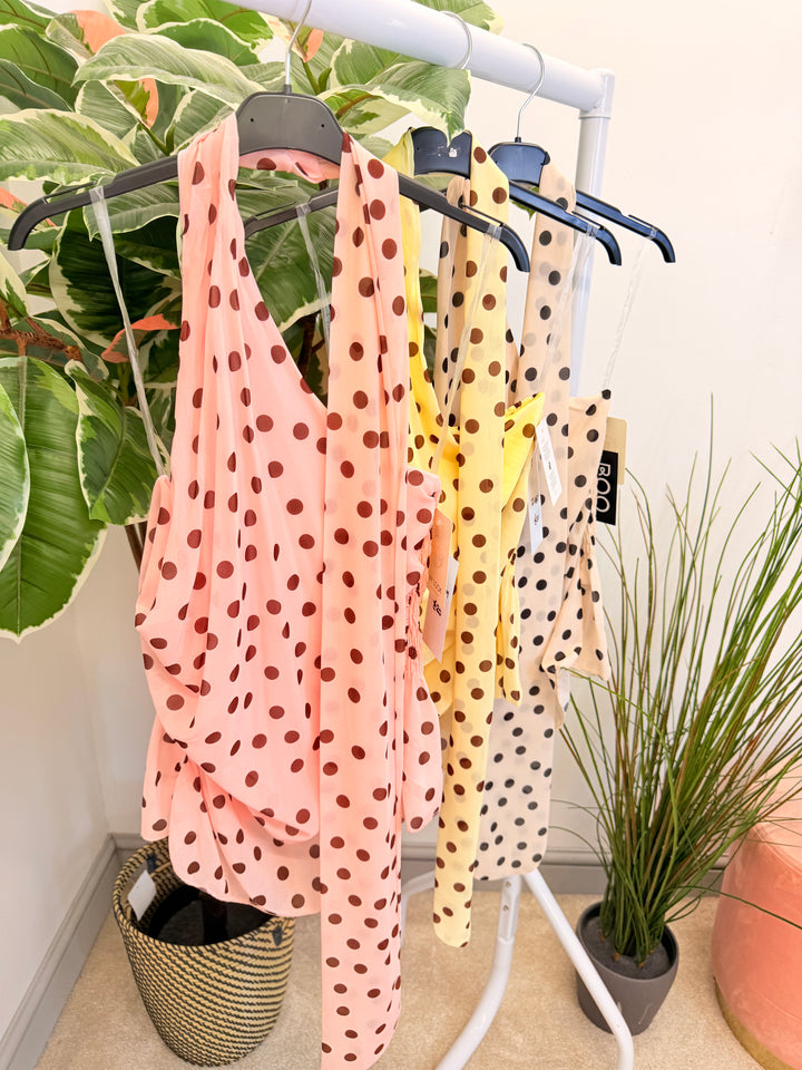 Ladies Fashion One Shoulder Polka Dot Top - Cream, Pink, Lemon