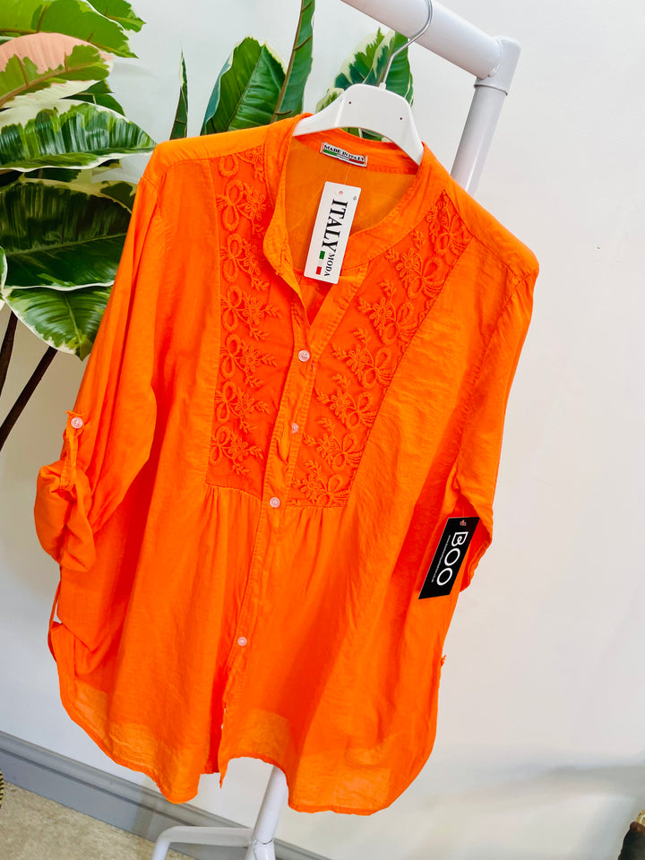 LADIES COTTON LACE FRONT BLOUSE SHIRT - LEMON, WHITE & ORANGE