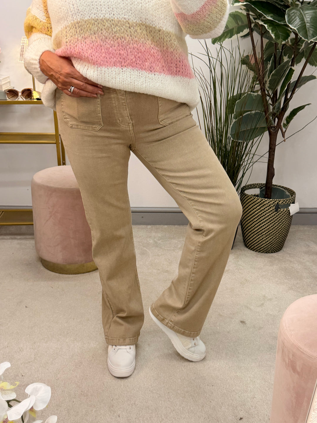 Ladies Fashion Beige Wide Leg High Waist Jeans
