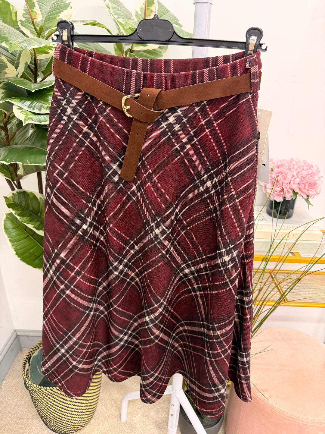 Womens tartan A line midi skirt - Wine, Blue & Khaki