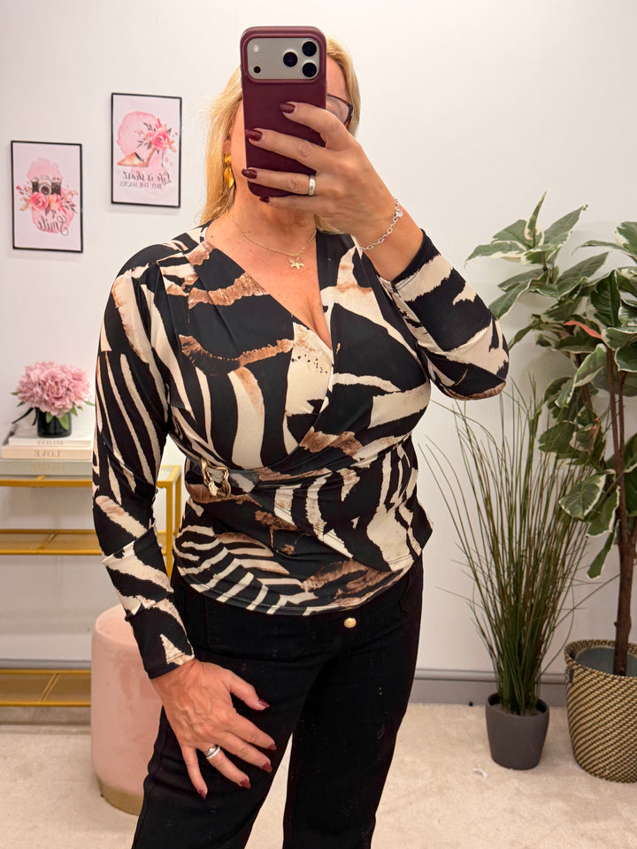 Womens fashion long sleeve wrap style top - teal, black, plum & brown