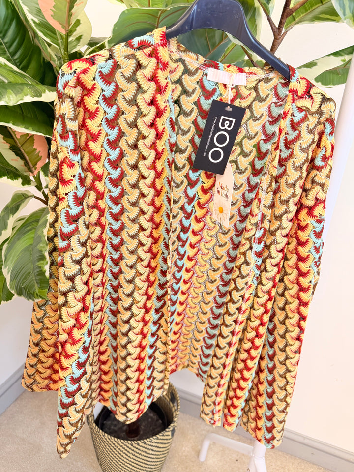 Ladies Crochet Zig Zag Bolero Cardigan Jacket - Black, Rust, Red