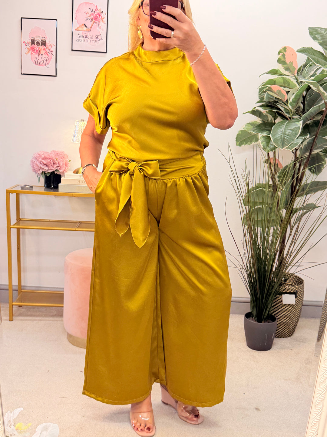 Womens Satin Trouser Suit Co Ord - Black, Red, Mink, Mustard, Brown
