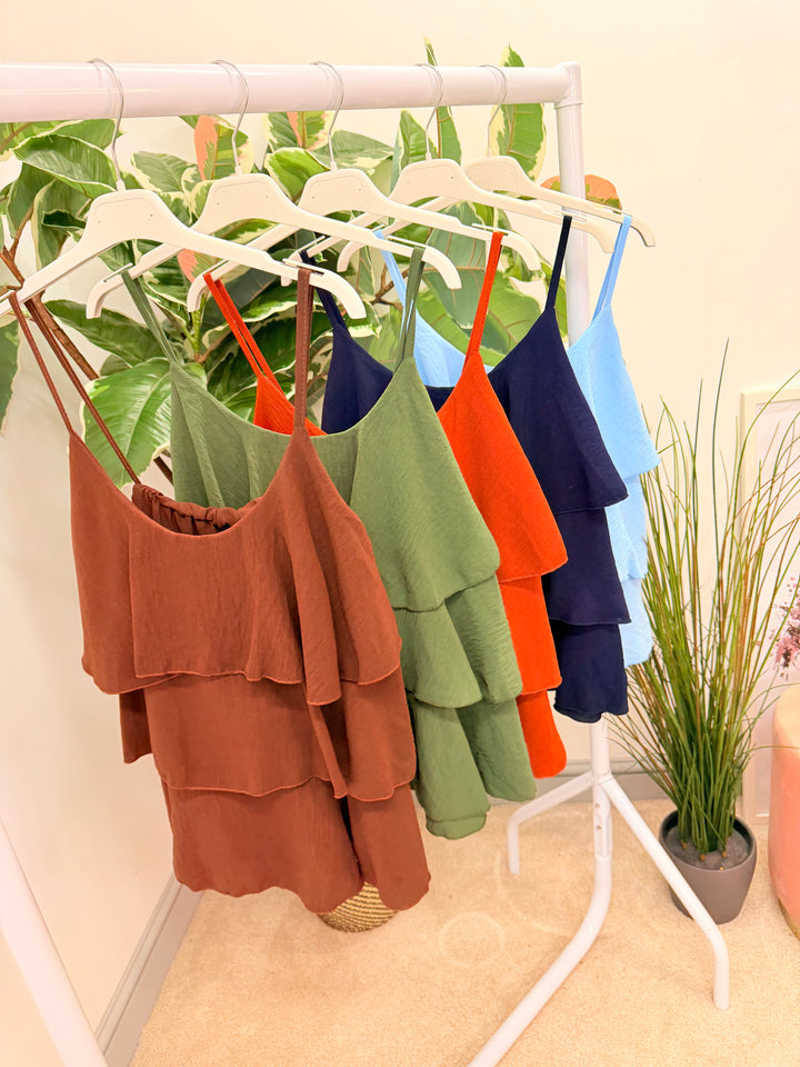 Ladies Frill Strappy Cami Top - Rust, Brown, Pale Blue, Khaki & Navy