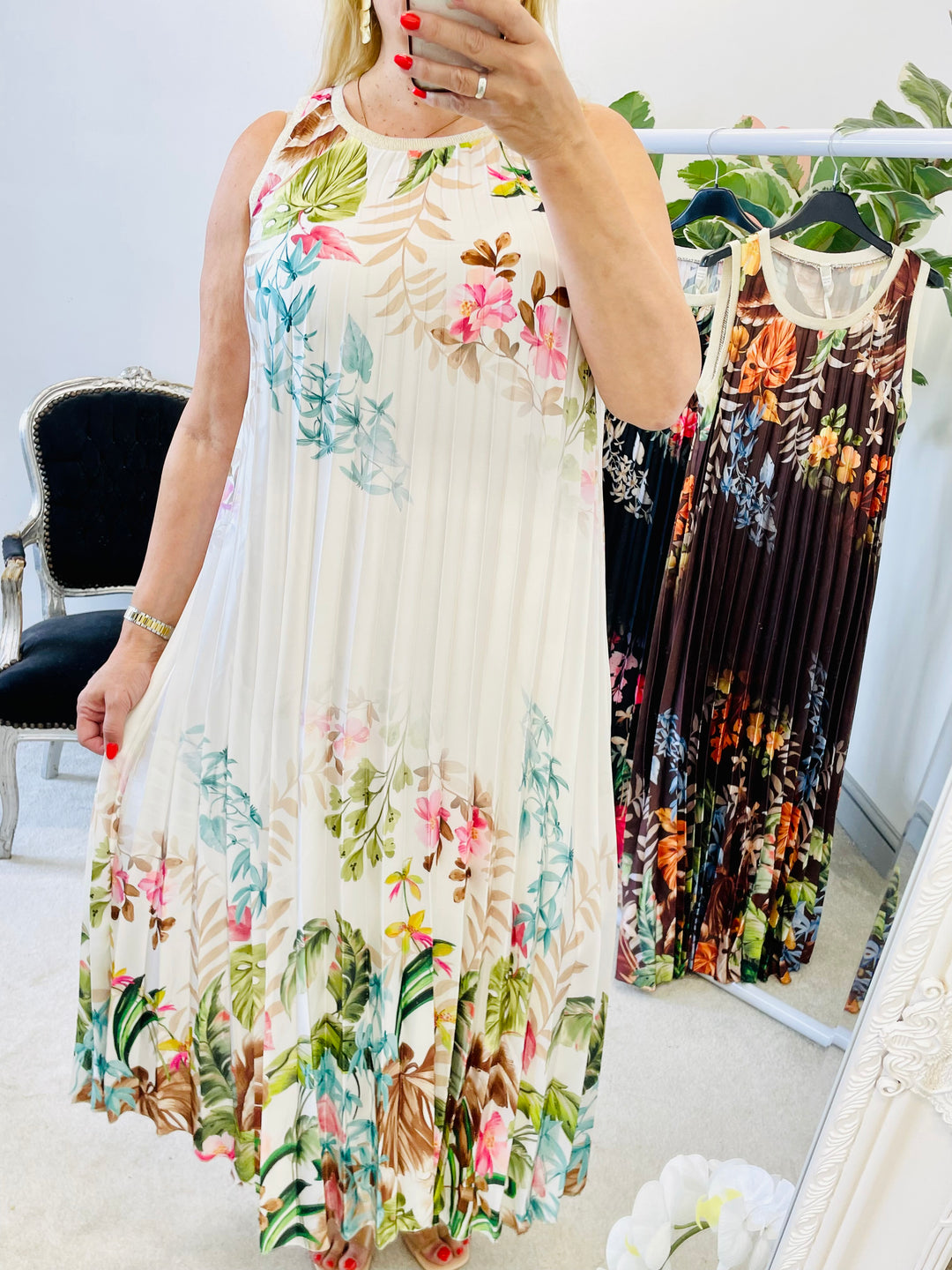 LADIES SATIN PLEATED SUMMER MAXI DRESS - BROWN, CREAM, BLACK