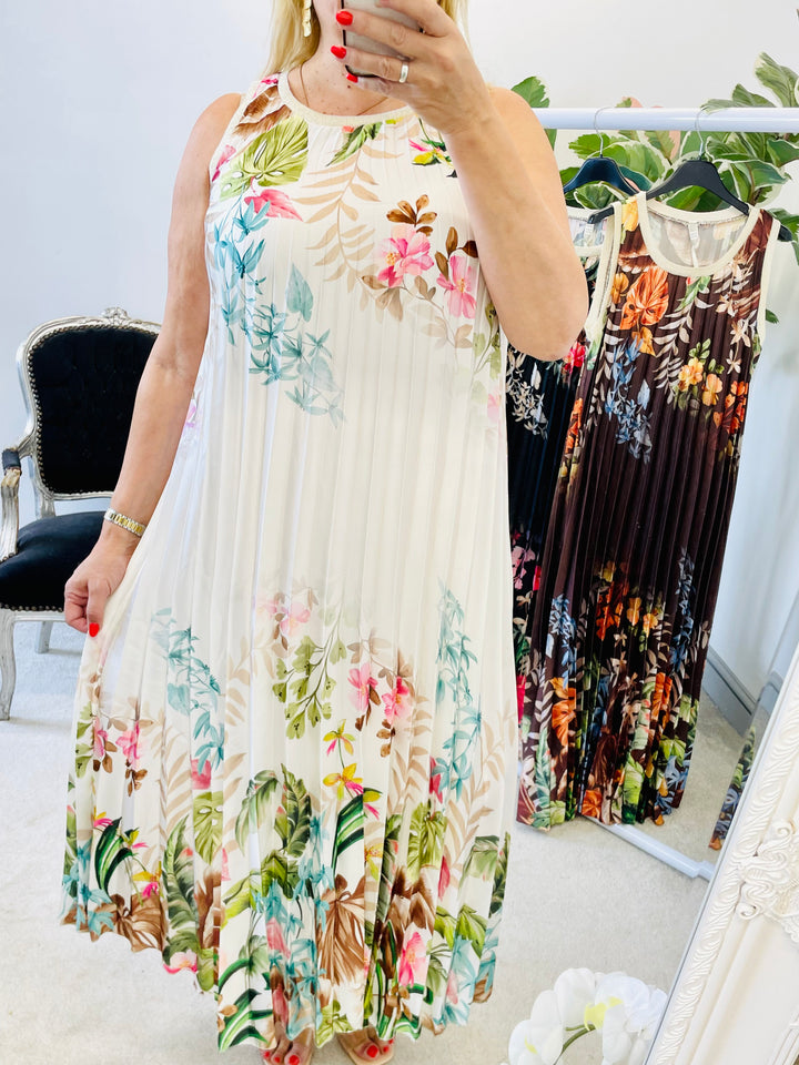 LADIES SATIN PLEATED SUMMER MAXI DRESS - BROWN, CREAM, BLACK