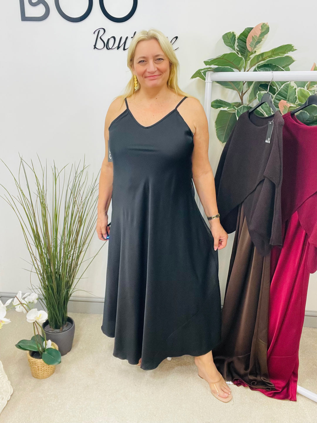 LADIES SATIN DRESS & JUMPER SET - BLACK, BROWN, BURGUNDY