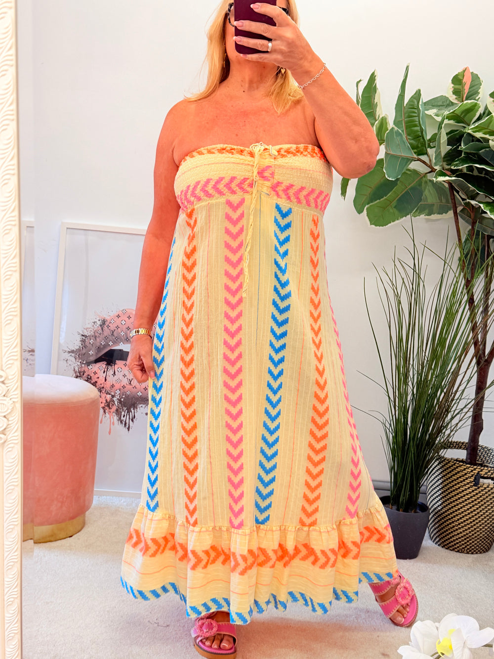 Ladies Fashion Linen Aztec Print Summer Maxi Dress - Blue, Lemon, Pink