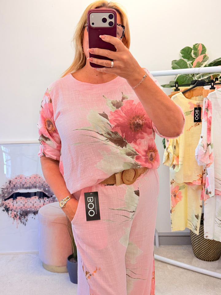 Ladies Fashion Flower Print Light Linen Top - White, Pink & Lemon