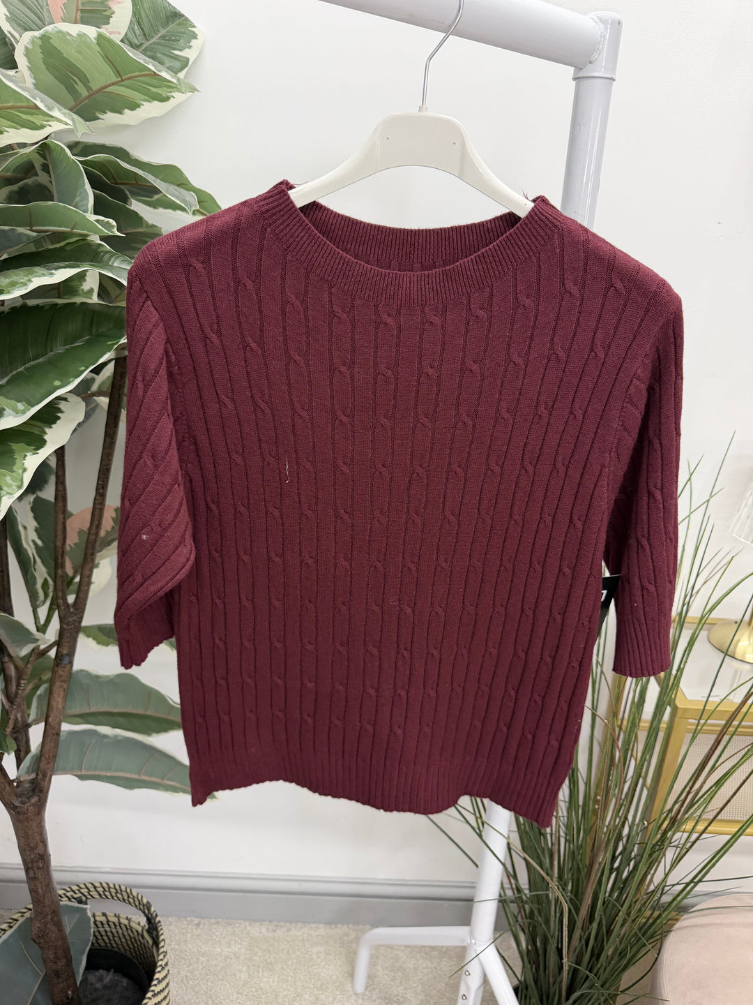 Ladies Inspired Cable Knit Short Sleeve Jumper - Blue, White, Wine, Camel, Brown