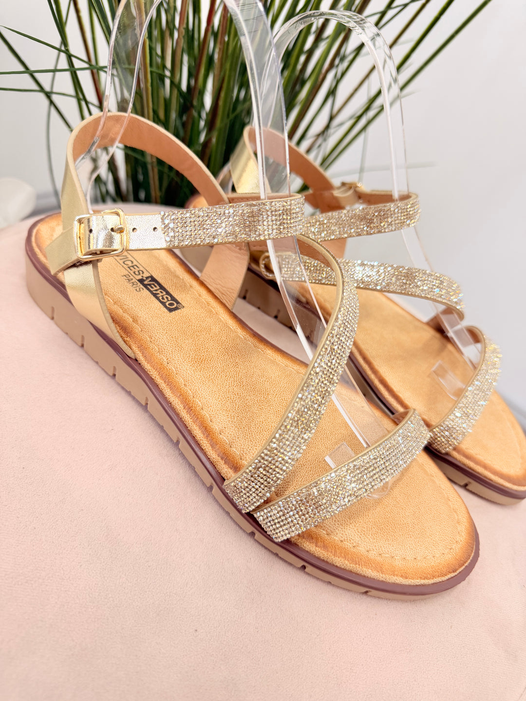 Ladies Diamante Small Wedge Heel Sandals - gold and silver