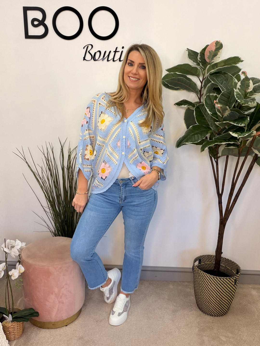 Ladies Fashion Crochet Shrug Cardigan - lemon, blue & pink