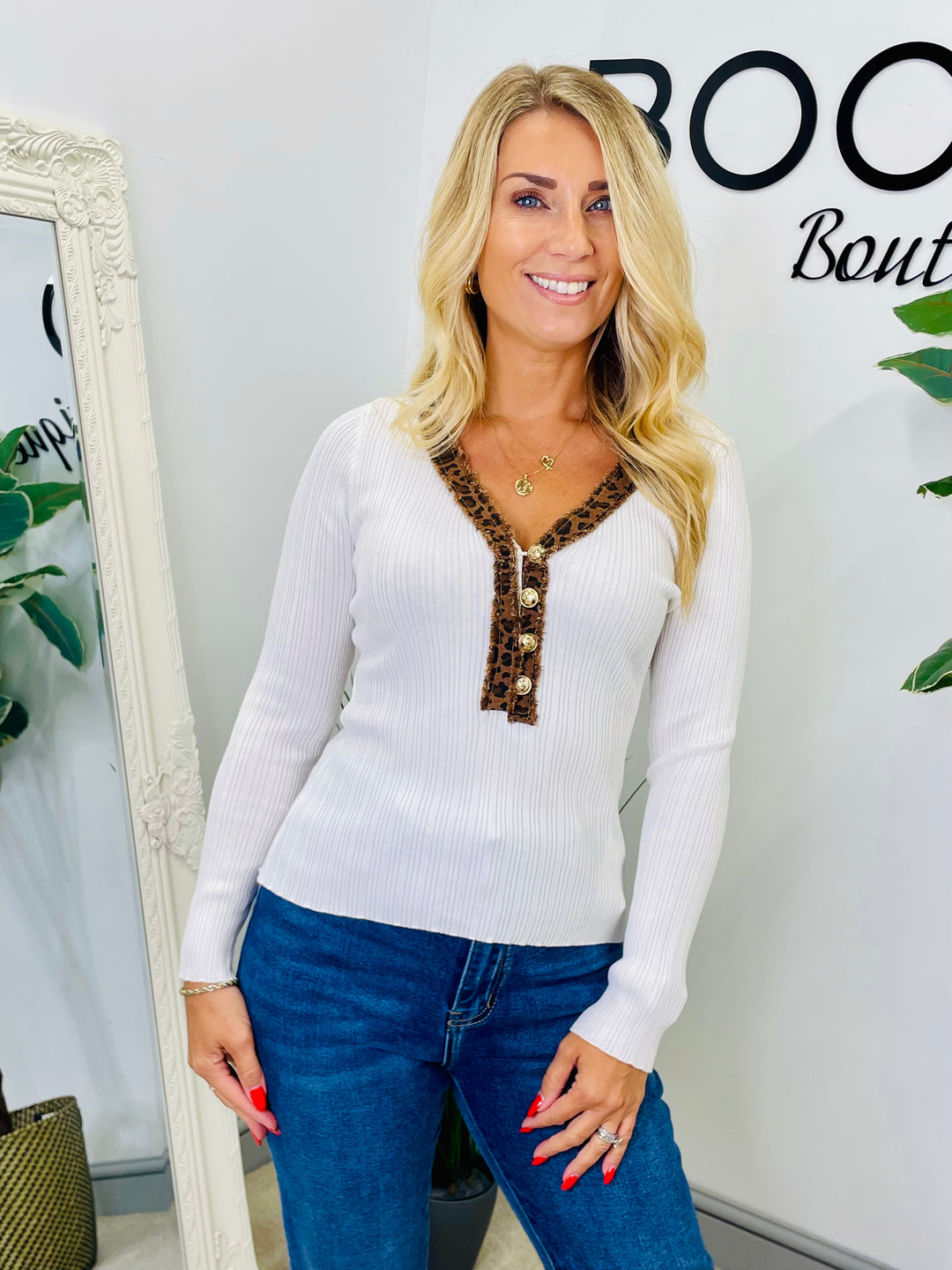 LADIES RIB KNIT STRETCH V NECK LEOPARD JUMPER TOP - BLACK & WHITE