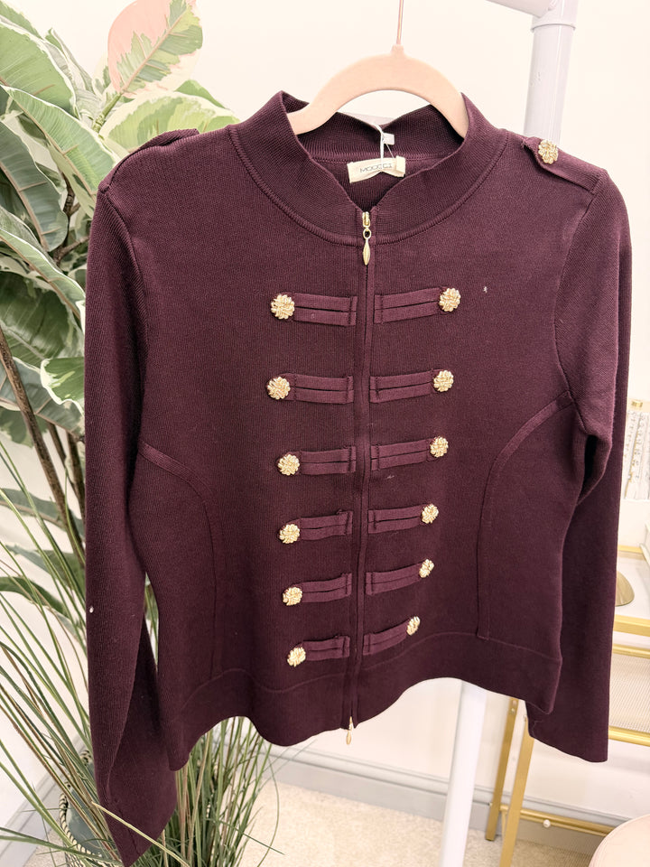 Ladies Fashion Military Knitted Cardigan Jumper - Black, Plum, Beige & Brown