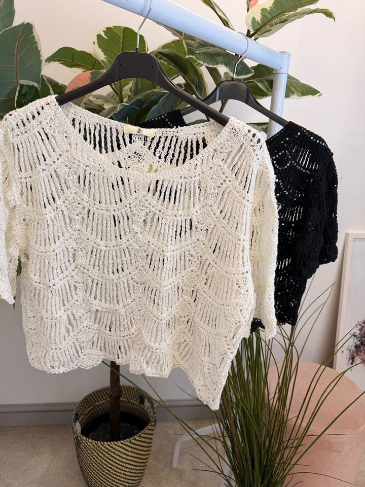 Ladies Sparkly Crochet Bolero Top - Black & White