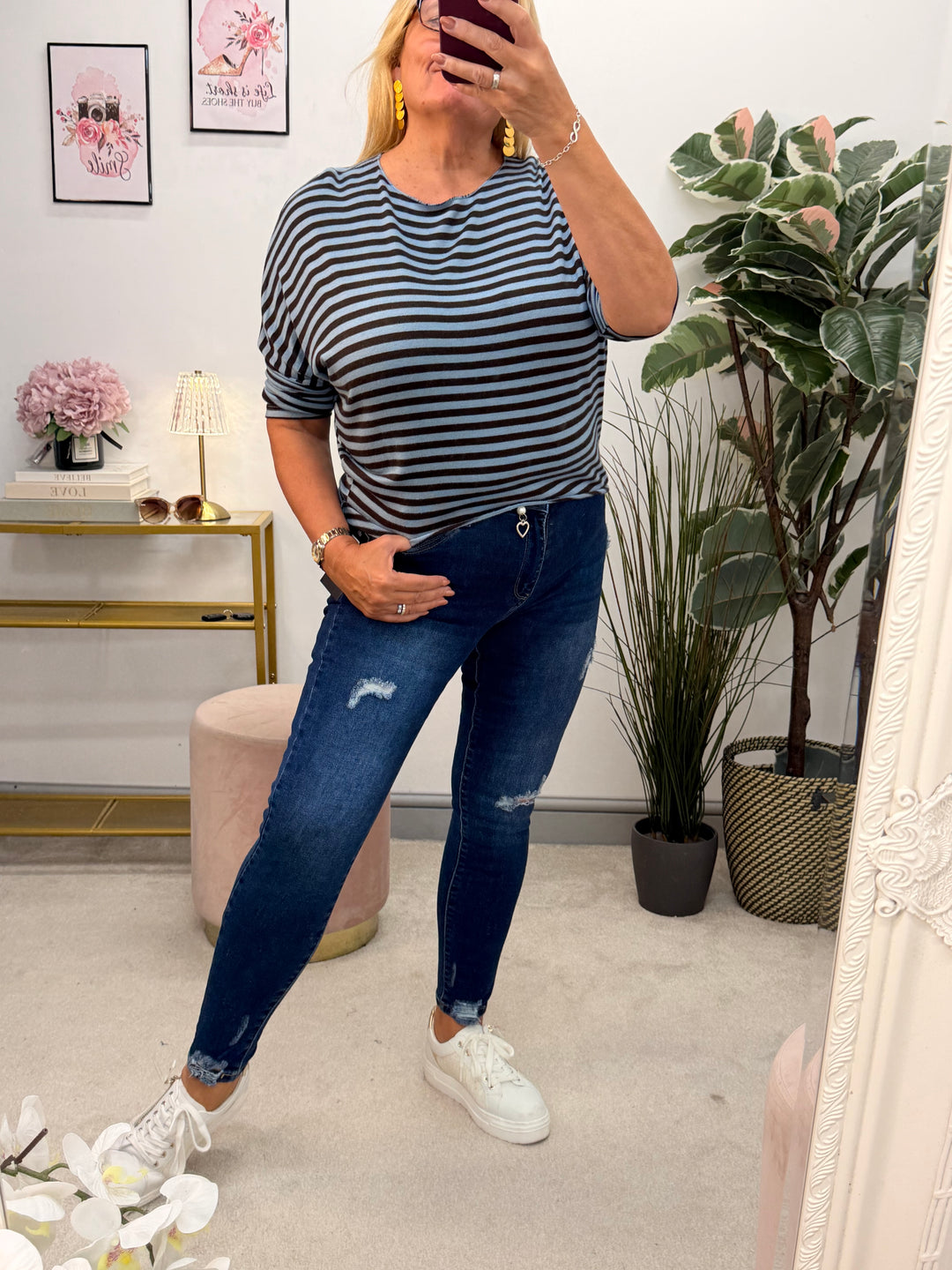 Ladies Fashion Soft Knit Stripe Top - Chocolate, Lime, Blue & Burgundy